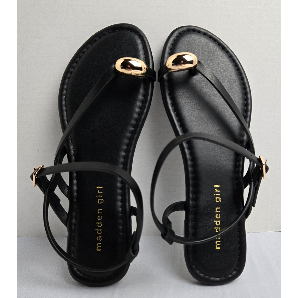 Madden Girl Treasuree Black Paris Gold Orb Toe Loop Flat Sandals Womens 7 NEW